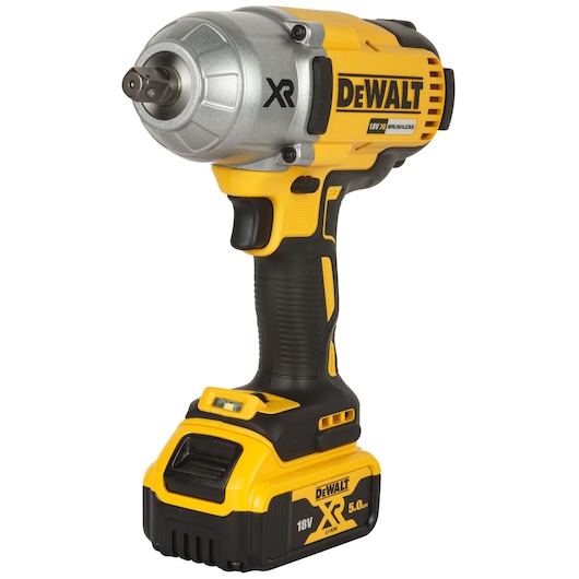 DEWALT 18V XR Li-Ion cordless impact wrench with brushless motor and 5Ah battery, yellow and black.