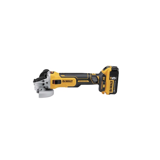 A DEWALT cordless angle grinder with a yellow and black design, equipped with a battery pack, shown against a white background.