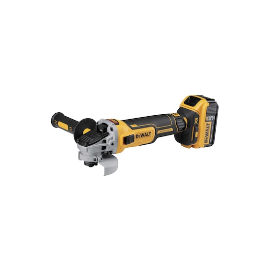 A DEWALT cordless angle grinder with a black and yellow design, featuring a side handle and a rechargeable battery attached.