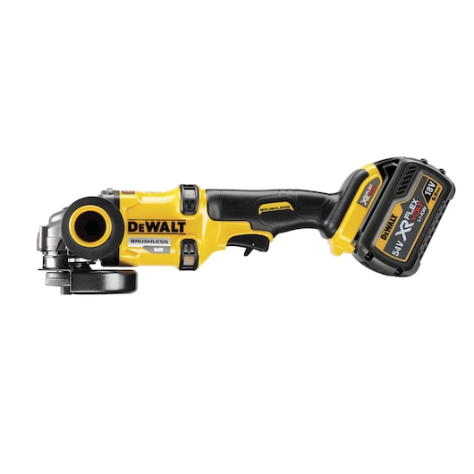 A DEWALT cordless brushless angle grinder with a 54V XR FLEXVOLT lithium-ion battery, shown in a side profile on a white background.