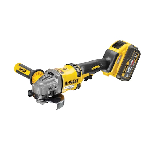 DEWALT cordless angle grinder with yellow and black body and side handle, model DCG414T2.