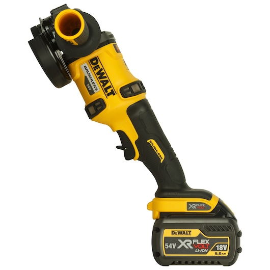 DEWALT cordless angle grinder with 54V XR FLEXVOLT battery, yellow and black, power tool for cutting or grinding.