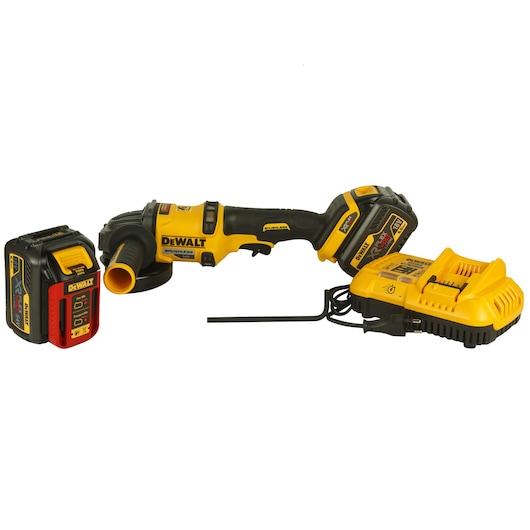 DEWALT cordless angle grinder kit with battery and charger, shown on a white background.