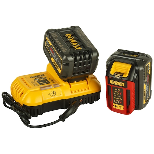 DEWALT battery charger with attached battery and separate battery pack shown on white background.
