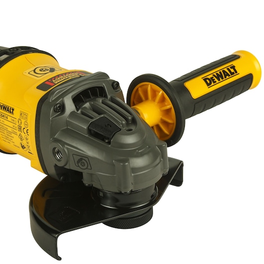 DEWALT cordless angle grinder with yellow and black handle and protective guard, model DCG414T2.