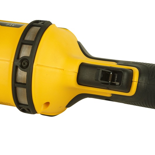 Close-up of DEWALT DCG414T2 power tool handle featuring yellow body and black grip.
