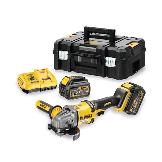 DEWALT cordless grinder kit DCG414T2_K1, featuring a yellow and black cordless angle grinder, two XR Flexvolt lithium-ion batteries, a battery charger, and a sturdy black carrying case.
