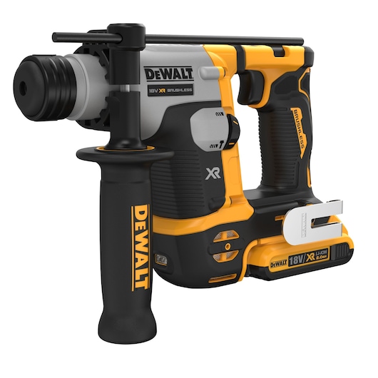 DEWALT 18V XR brushless rotary hammer drill with side handle, shown in black and yellow.