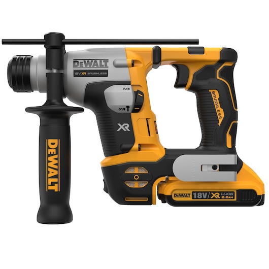 DEWALT 18V XR cordless rotary hammer drill with brushless motor and side handle, shown in yellow and black.