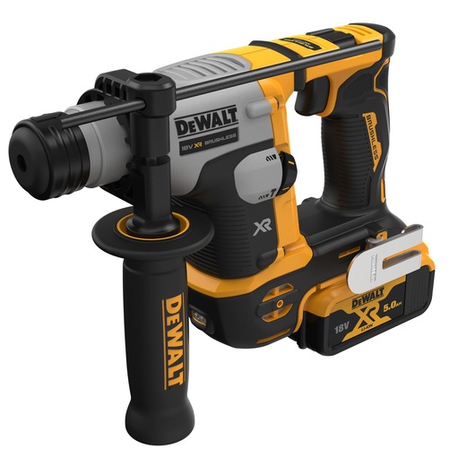DEWALT 18V cordless rotary hammer drill, brushless XR model with side handle and battery pack.