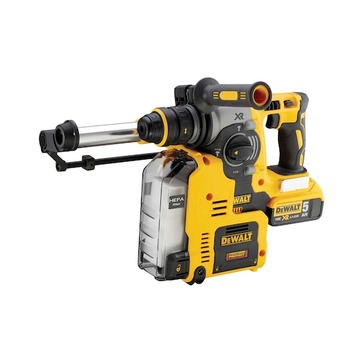 DEWALT cordless rotary hammer drill with HEPA filter, 18V XR Li-Ion, side handle and battery pack, yellow-black.