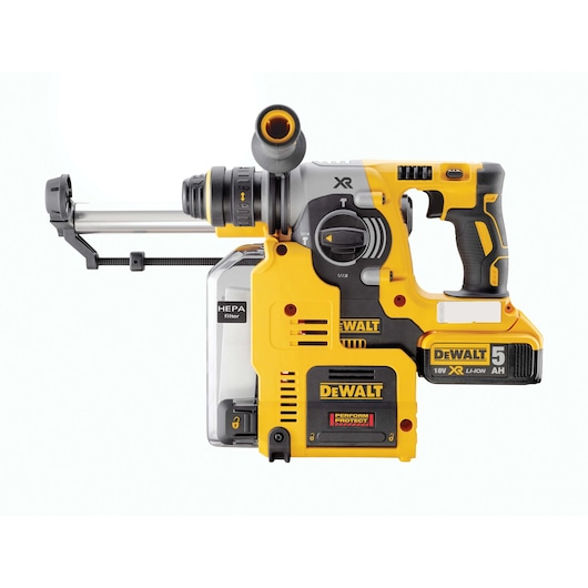 DEWALT DCH275P2 cordless hammer drill with HEPA filter, yellow and black, 18V XR Li-Ion battery, side handle.