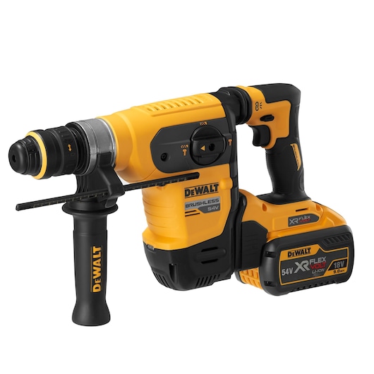 DEWALT cordless 54V brushless rotary hammer drill with handle and XR FlexVolt battery, yellow and black design.