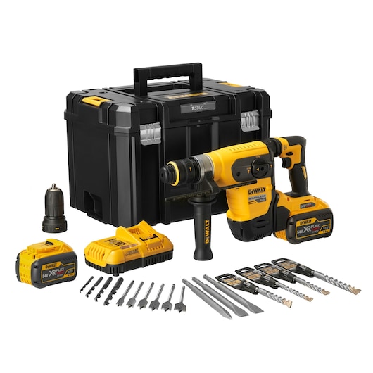 A DEWALT cordless rotary hammer drill kit with accessories, including a yellow and black rotary hammer drill, two XR FLEXVOLT batteries, a charger, a black hard carrying case, multiple drill bits, chisels, and an additional drill chuck.