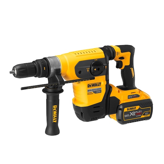 A yellow and black DEWALT cordless rotary hammer drill with a side handle and an XR FLEXVOLT 54V battery attached.