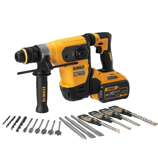 A yellow and black cordless rotary hammer drill by DEWALT, shown with two batteries and a range of drill and chisel bits arranged in front of the tool.