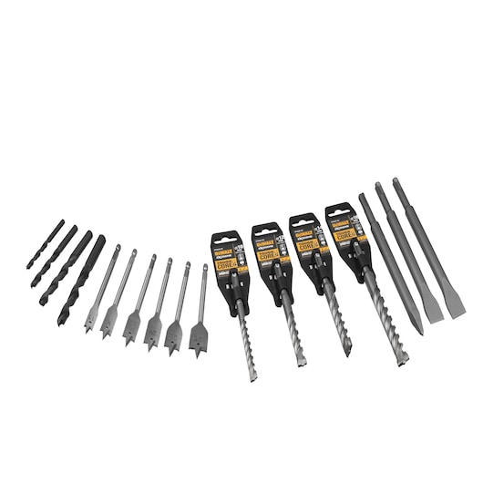 Assorted DEWALT drill and chisel bits for power tools, arranged in a row on a white background.