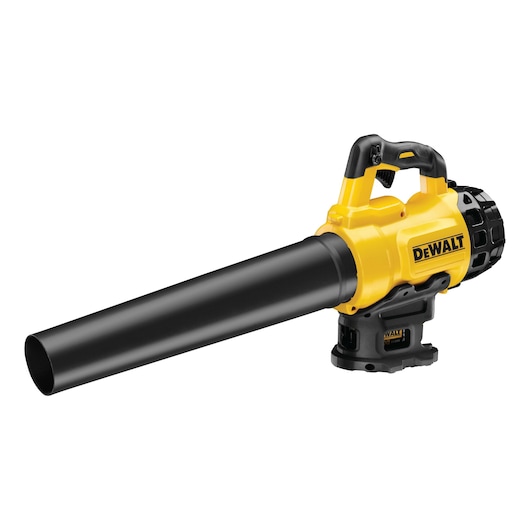 Cordless yellow DEWALT leaf blower with black nozzle, suitable for outdoor cleaning and garden maintenance.