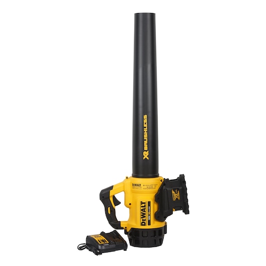 DEWALT cordless leaf blower with charger and battery, black and yellow, upright position.