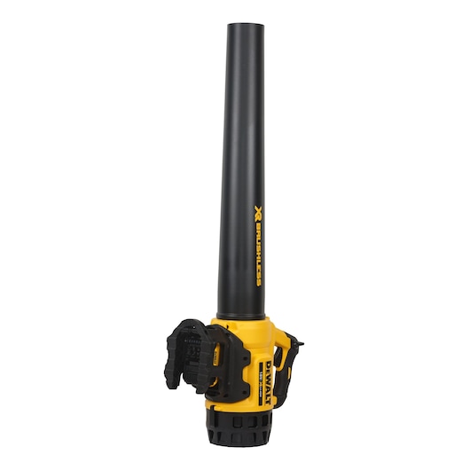 DEWALT cordless leaf blower with a yellow and black design shown upright against a white background.