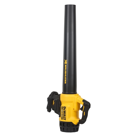 DEWALT cordless yellow and black leaf blower with long nozzle, upright on a white background.