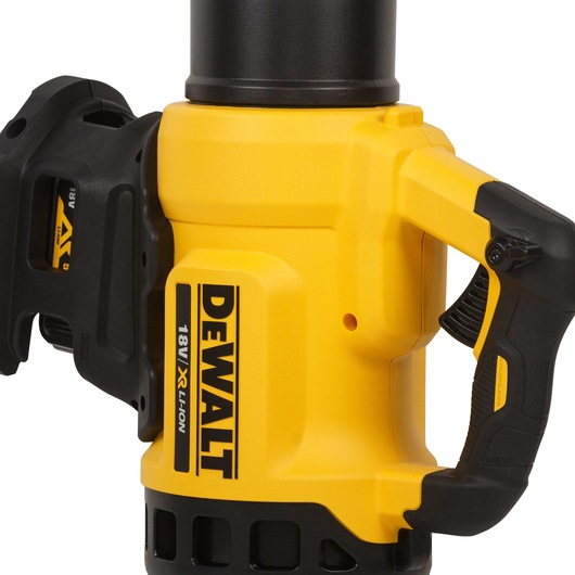 Close-up of DEWALT 18V XR Li-Ion yellow and black power tool handle and battery section.