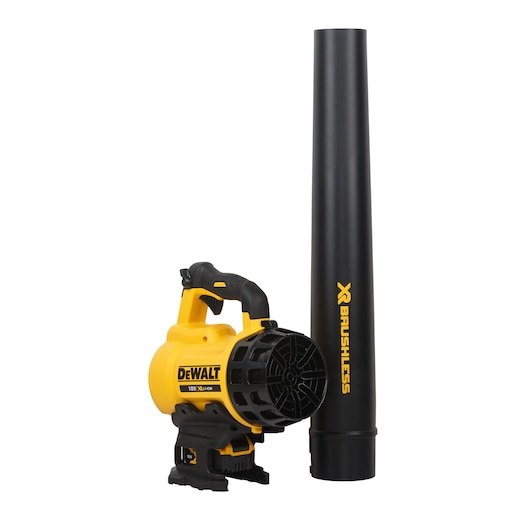 DEWALT DCM562P1 cordless blower with yellow body and black nozzle, shown upright.