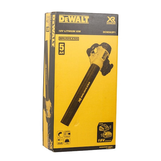 DEWALT DCM562P1 18V cordless brushless blower box, yellow and black, showing specs and battery details.