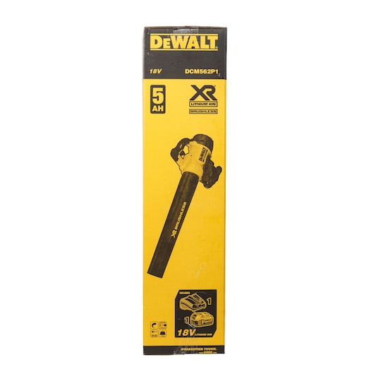 Dewalt DCM562P1 18V cordless blower box with XR lithium-ion and 5Ah battery features.