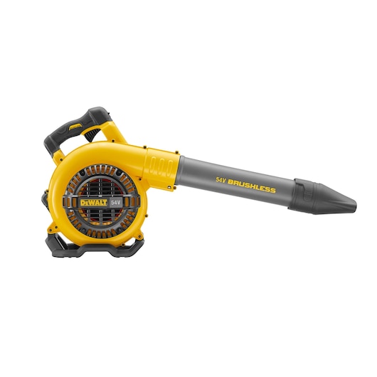 Yellow and black DEWALT 54V brushless cordless blower with ergonomic handle and long nozzle.