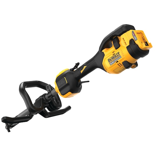 A DEWALT 54V cordless power tool with a black and yellow body, featuring an ergonomic handle and a robust attachment at the end. The tool is designed for professional use and has visible branding and battery compartment.