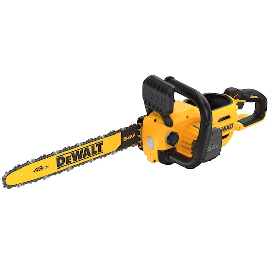 DEWALT 54V cordless chainsaw with yellow and black body and 45 cm blade.