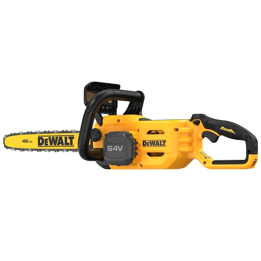 DEWALT 54V cordless chainsaw with a 45cm bar, yellow and black design, side view on white background.