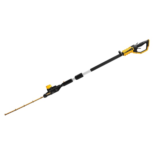 DEWALT cordless pole hedge trimmer with extendable shaft and yellow-black design.