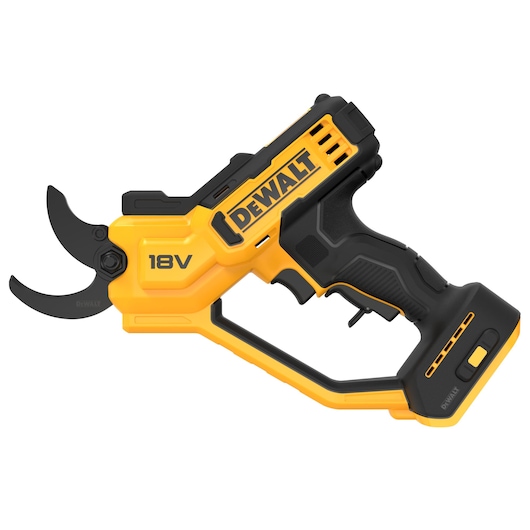 DEWALT 18V cordless pruner with black and yellow body, ergonomic handle, and sharp cutting blade.