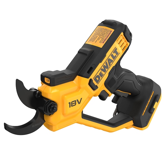 DEWALT 18V cordless pruning shears with yellow and black body and ergonomic handle.