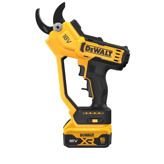 DEWALT 18V XR cordless electric pruner with black and yellow design and 5Ah lithium-ion battery.