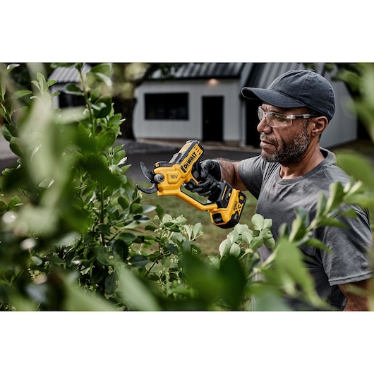 Person pruning bushes with a DEWALT 18V cordless pruner outdoors. Face is blurred for privacy.