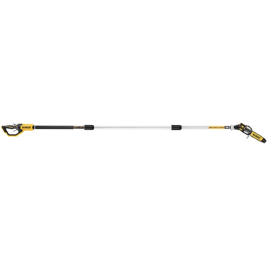 DEWALT cordless pole saw with long telescopic shaft for tree and branch cutting, yellow and black design.