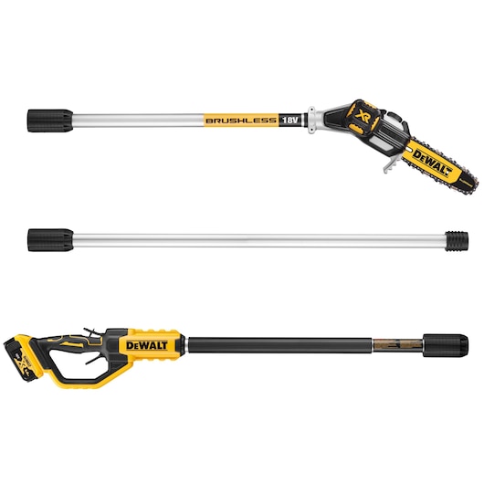 DEWALT 18V XR brushless pole saw shown in three parts, including saw head, extension, and handle.