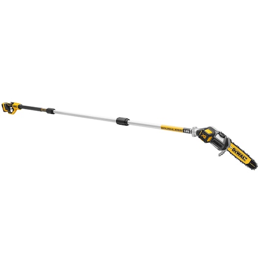 DEWALT cordless pole saw with extendable shaft and brushless motor for pruning trees.
