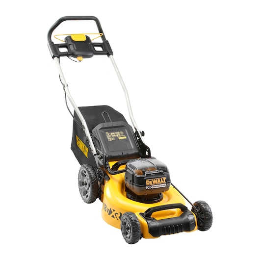 Yellow DEWALT cordless lawn mower with grass bag and black handle, suitable for outdoor gardening.