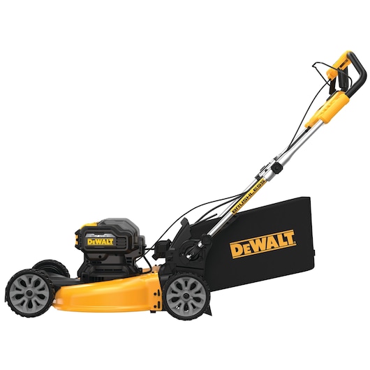 Side view of a DEWALT cordless walk-behind lawn mower with a yellow and black color scheme, featuring a grass collection bag and ergonomic handle.