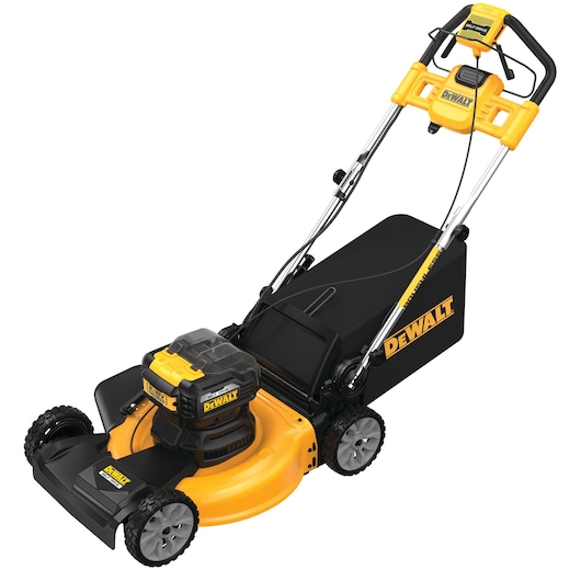 A yellow and black DEWALT cordless lawn mower with a grass collection bag and ergonomic handle.