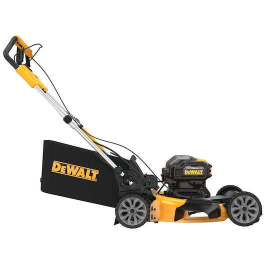A yellow and black DEWALT cordless lawn mower with a collection bag and ergonomic handle, shown on a white background.