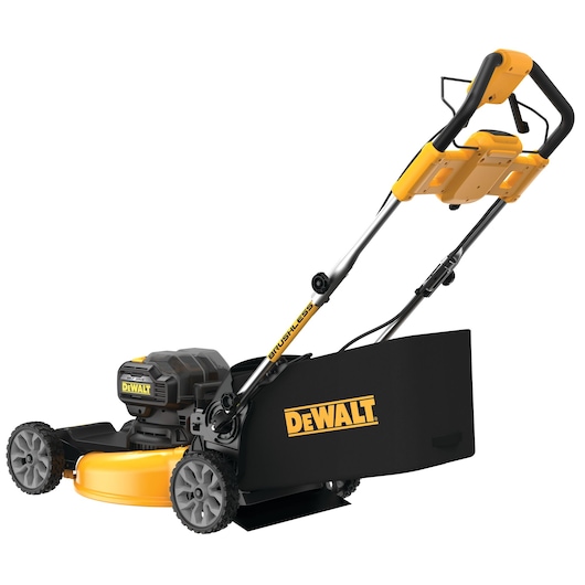 DEWALT cordless electric lawn mower with yellow and black design, large rear bag, and sturdy handles.