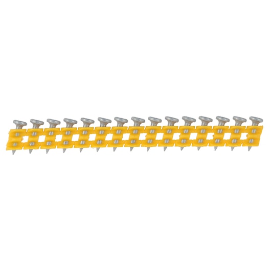 Row of DEWALT collated steel nails in a yellow plastic strip, designed for power tools, shown against white.