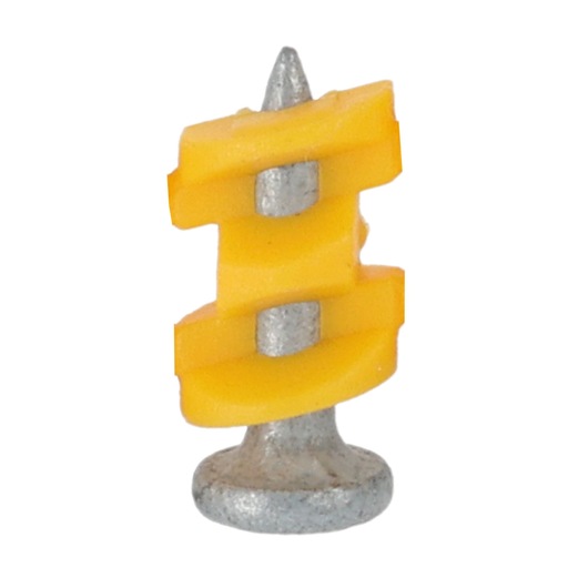 Close-up of a DEWALT concrete nail with yellow plastic fixture.