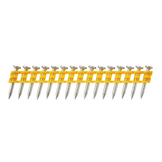 Strip of collated steel nails with yellow plastic connector for use in nail guns.