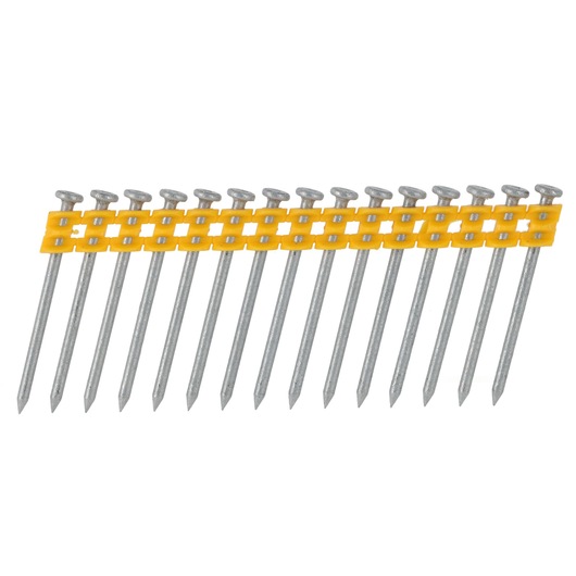 A strip of collated steel nails connected by a yellow plastic band for use in a nail gun.